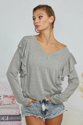 BiBi Triblend V Neck Top with Shoulder Shrring Detail OutfitFlow